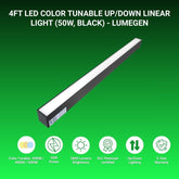 4FT LED color tunable up/down linear light on a green background with LumeGEN branding.